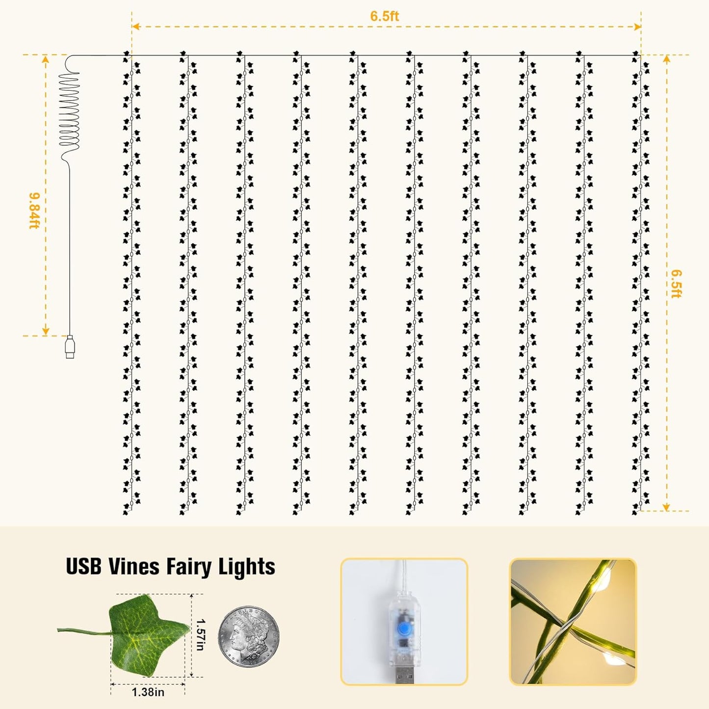 Vines Lights for Bedroom, 200 LED Vines Fairy Lights, Artificial Ivy Leaf Light for Wall Curtain Wedding Party Indoor Decor, 6.5Ft X 6.5Ft with Remote