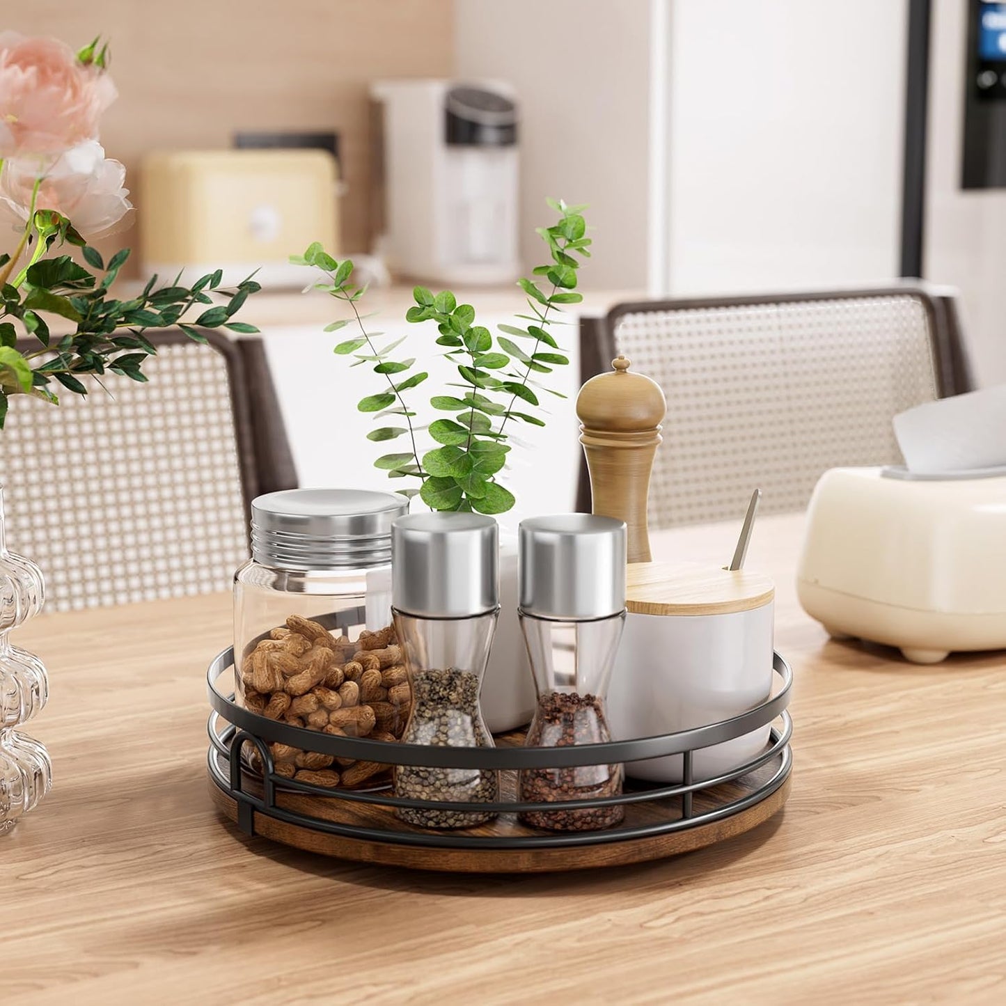 9'' Lazy Susan Turntable Organizer for Cabinet, round Wood Lazy Susan for Table Top, Countertop, Kitchen, Pantry, Spice, Bathroom Vanity, Decor