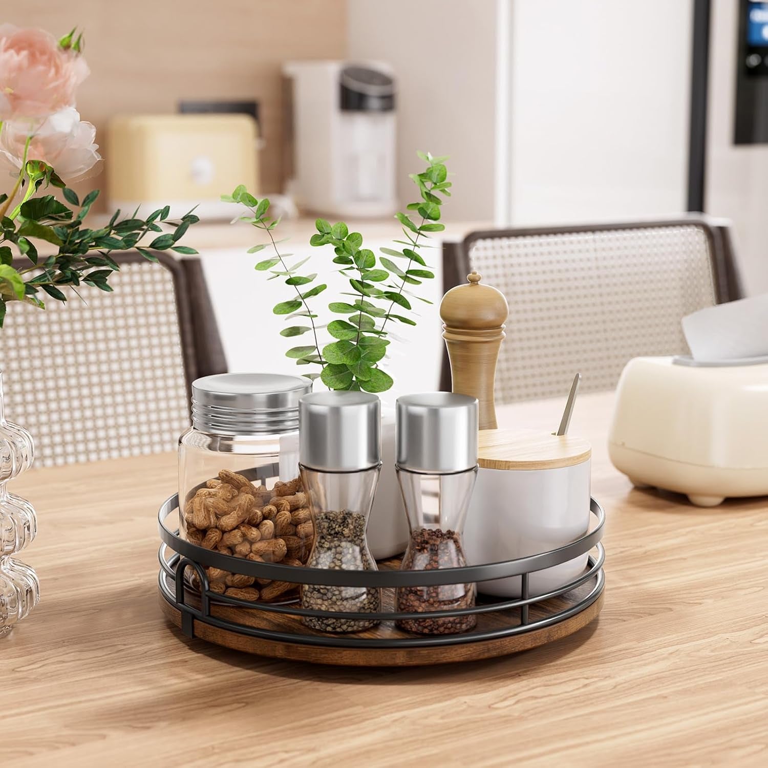 9'' Lazy Susan Turntable Organizer for Cabinet, round Wood Lazy Susan for Table Top, Countertop, Kitchen, Pantry, Spice, Bathroom Vanity, Decor