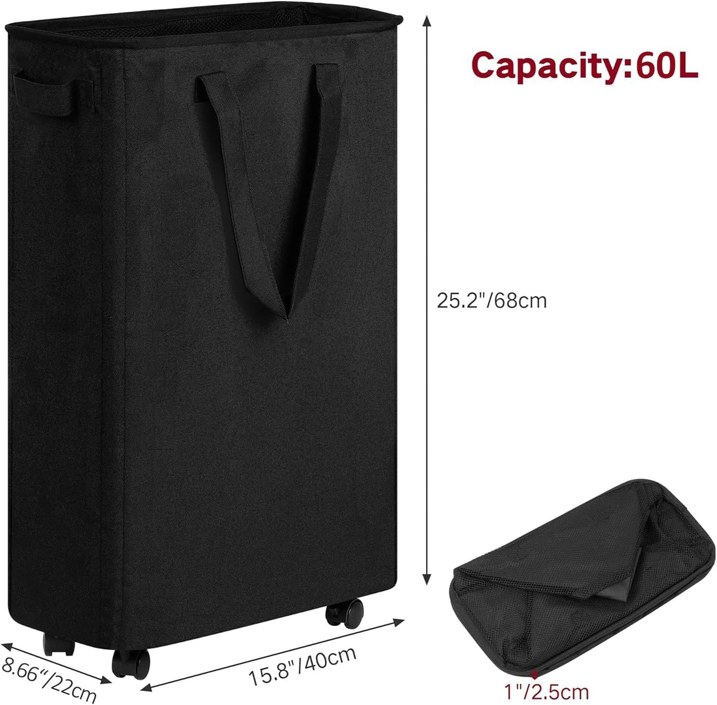 Slim Laundry Hamper with Wheels, Rolling Laundry Basket for Clothes, Small Laundry Basket for Bedroom, Dorm and Laundry Room, 60L (12.7 Gallons) Black