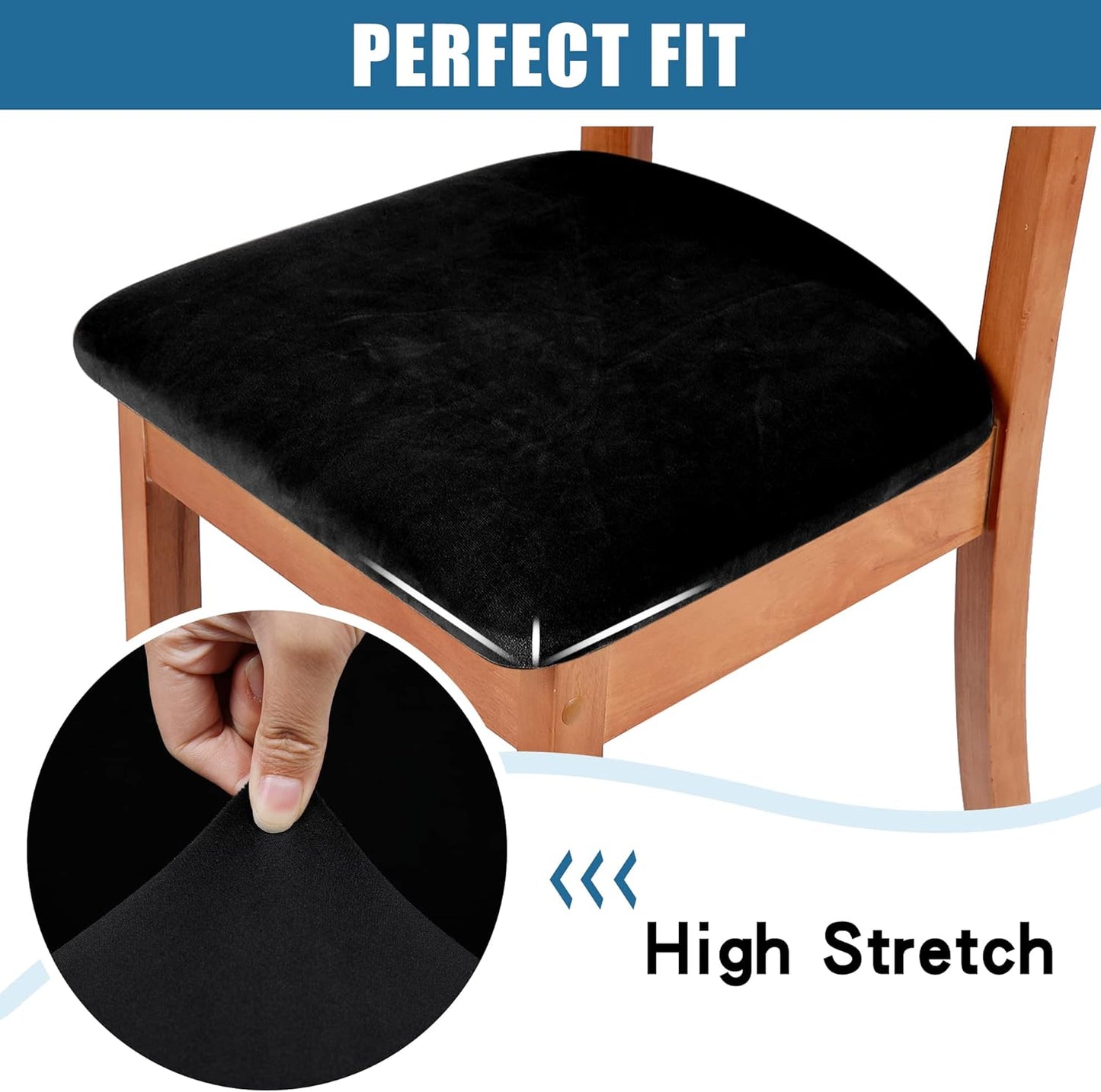 Velvet Seat Covers for Dining Room Chair Set of 2, Stretch Fit Removable Washable Chair Seat Cushion Protector Slipcovers with Ties, Black
