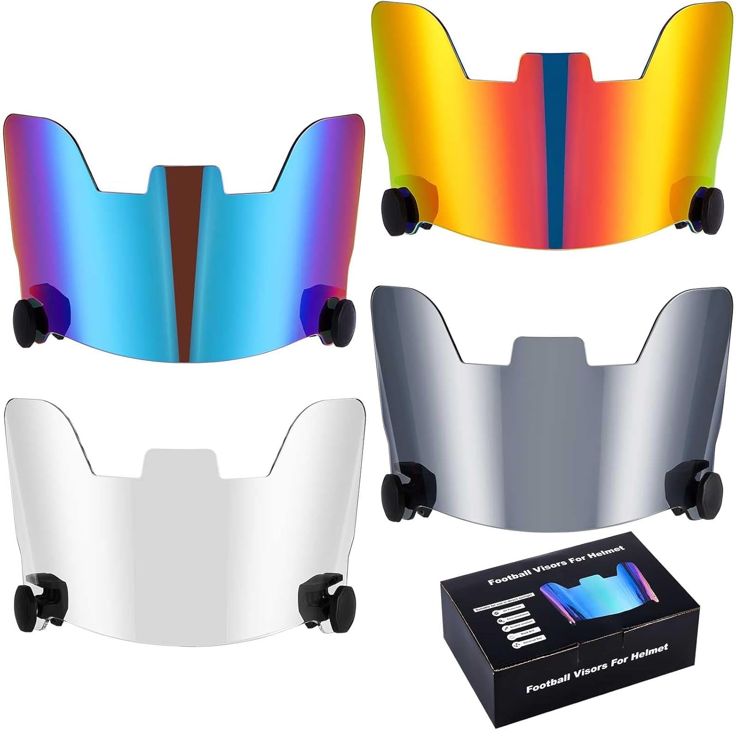 4-Pack Clear Football Helmet Visors - Scratch Resistant, UV Protection, Adult and Youth Lacrosse Eye and Facial Shield (Classic Colors)