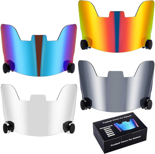 4-Pack Clear Football Helmet Visors - Scratch Resistant, UV Protection, Adult and Youth Lacrosse Eye and Facial Shield (Classic Colors)