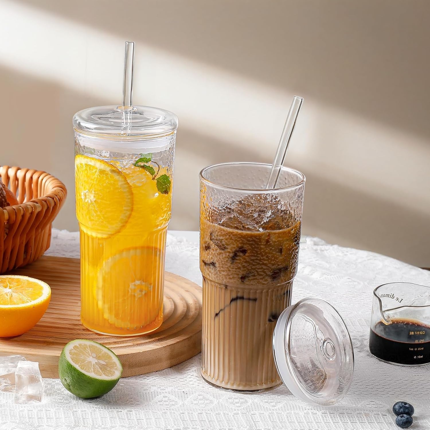 Glass Cups with Lids and Straws 4 Pcs,20Oz Glasses Drinking Set Vintage Textured Clear Iced Coffee Cups with Lids,Reusable Glass Tumbler with Straw and Lid for Coffee Bar Accessories