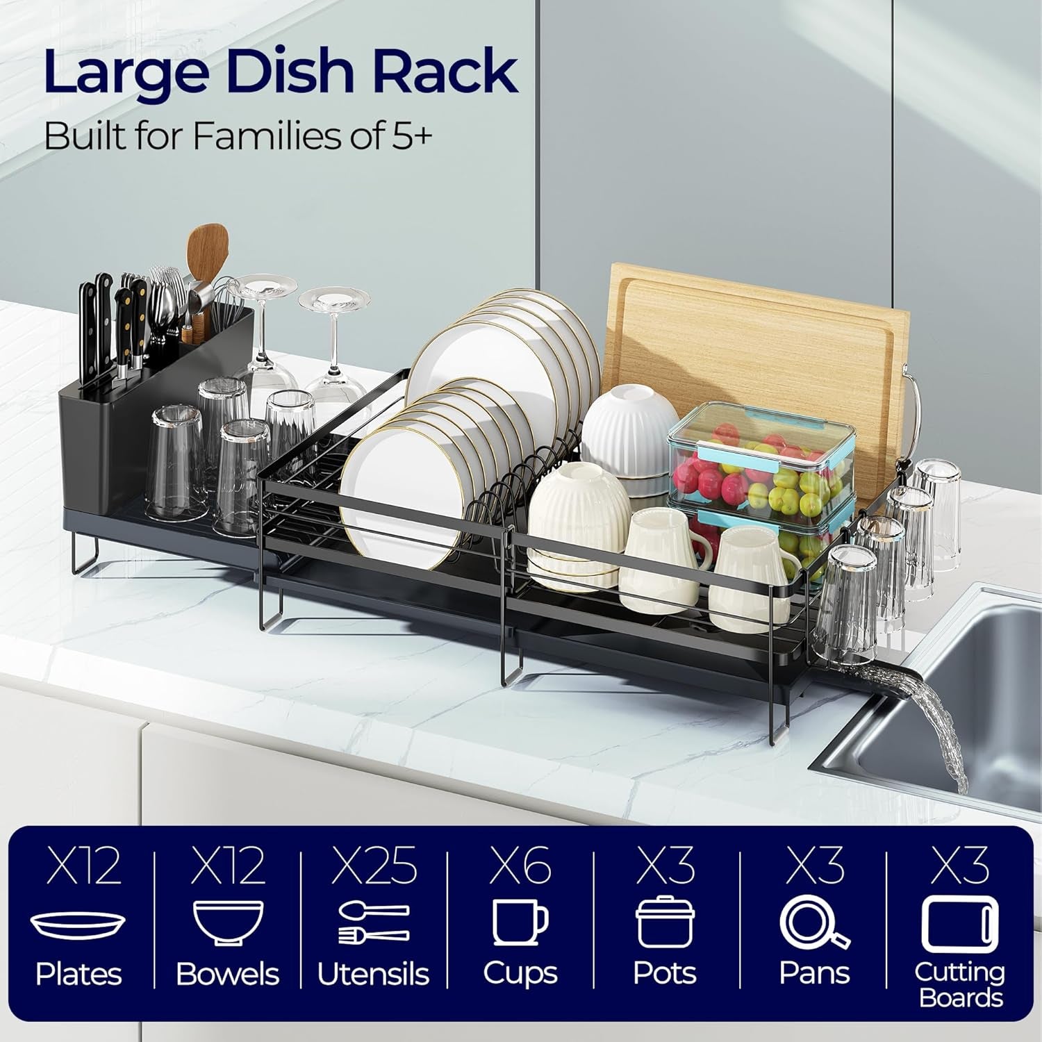 Large Dish Drying Rack - Extendable Dish Rack for Kitchen Counter, Multifunctional Dish Drainer with Drainboard Set, Dishrack with Utensil Holder & Cup Holder, 13.4"-28.7" L X 11.8" W, Black