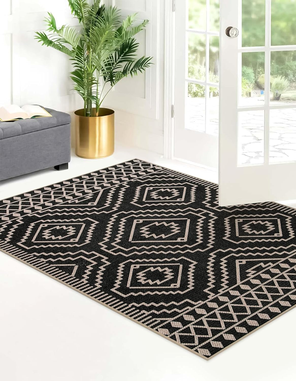 Moroccan Easy Jute Carpet, 3X5 Indoor Outdoor Entryway Patio Rug 3X5 Farmhouse Black Washable Living Room Rug, Non Slip Indoor Outdoor Carpet for Patio Courtyard Deck