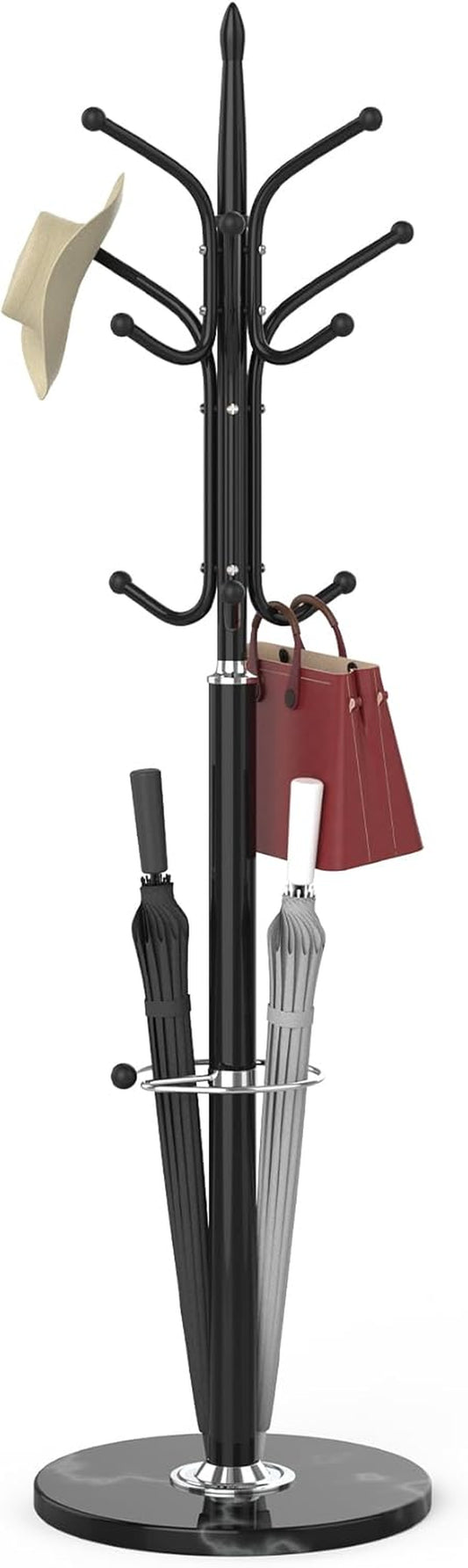 Metal Coat Rack Freestanding, Coat Hanger Stand with Natural Marble Base, Standing Coat Rack with Umbrella Holder, Hall Tree with 12 Hooks for Clothes, Hats, Scarves, Entryway(Black)