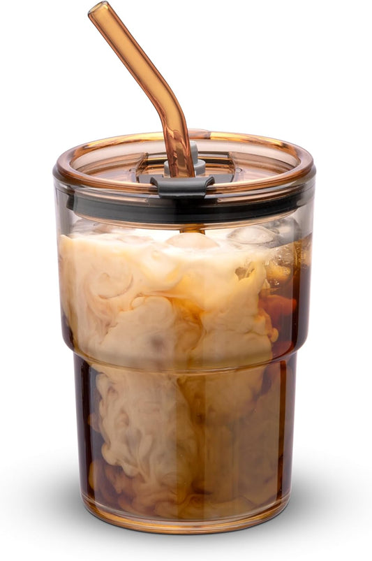 13Oz/400Ml Tumbler Water Glass, Cups with Straw and Lid Sealed Carry on for Coffee, Iced Tea, Thick Wall Insulated Glass Cup (Amber)…