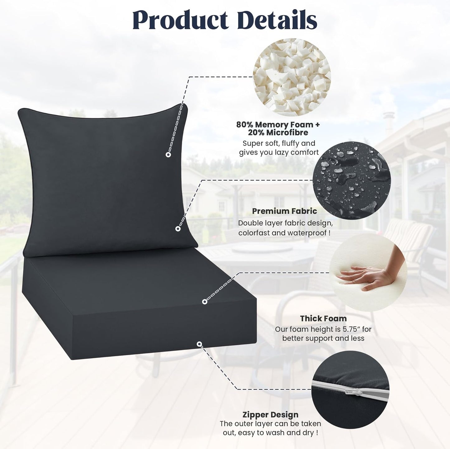 ® Outdoor Seat Cushions 24 X 24 X 5.75 Inch, Waterproof & Fade Resistant Patio Furniture Replacement Cushions with Removable Cover for Chair, Sofa, Couch, Wicker, Dark Gray