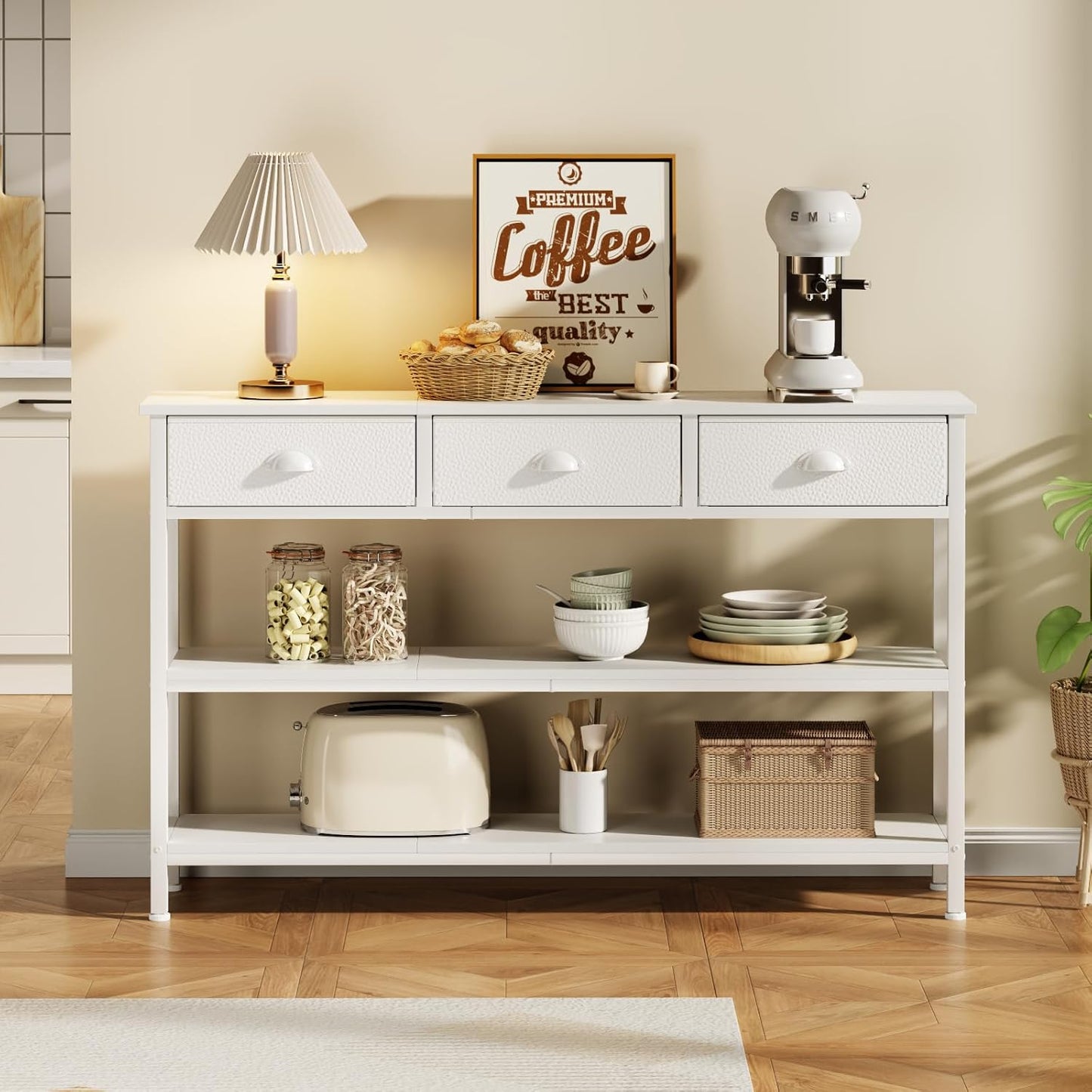 White Long 47" Console Sofa Table with 3 Drawers, Entryway Table with 3-Tier Storage Shelves, Display Shelf for Entry Way, Hallway, Couch, Living Room, Kitchen, Foyer
