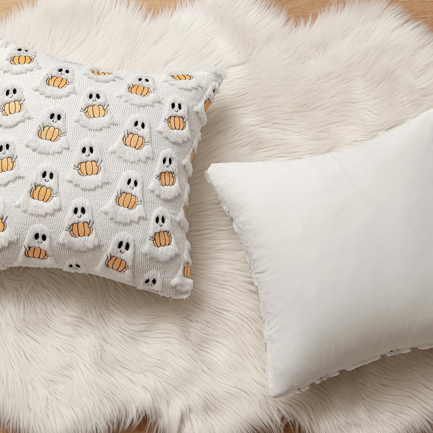 Halloween Pillow Covers Decorative Fall Cute Ghost Plush Faux Fur Pillows 18X18 Inch Set of 2 Soft Pumpkin Accents for Sofa Couch Bed Living Room Festive Home Decor, White Orange
