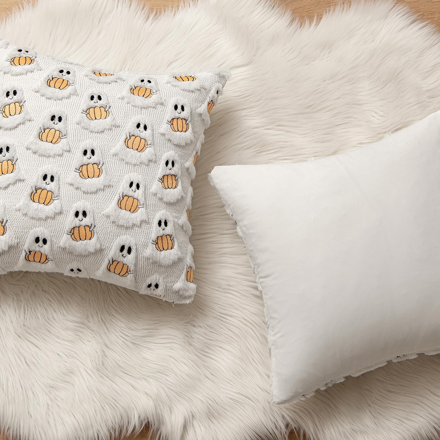 Halloween Pillow Covers Decorative Fall Cute Ghost Plush Faux Fur Pillows 18X18 Inch Set of 2 Soft Pumpkin Accents for Sofa Couch Bed Living Room Festive Home Decor, White Orange