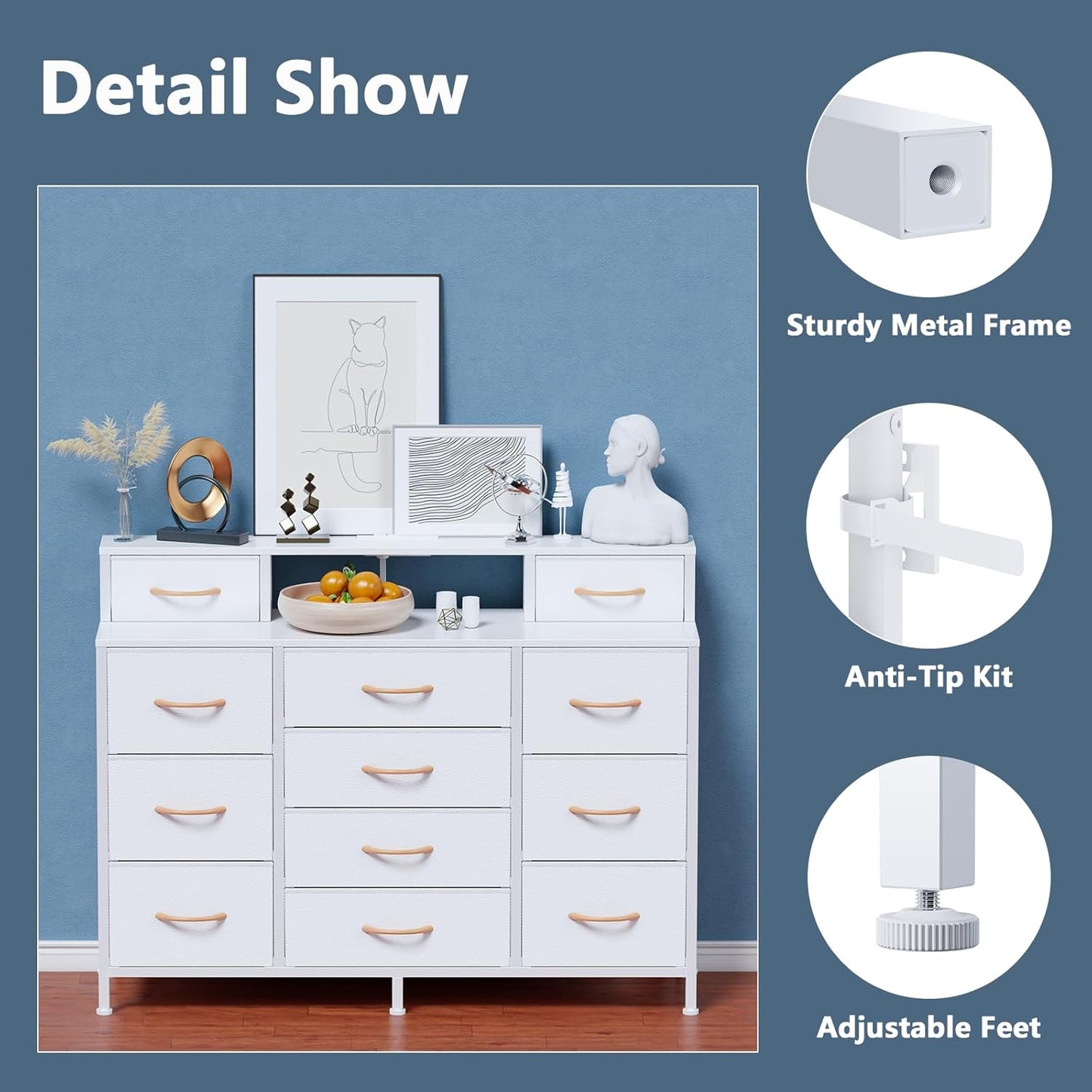 White Bedroom Dresser with LED Lighting and Charging Station, 47" Wide Chest Featuring 12 Fabric Storage Drawers, Versatile Vanity Furniture for Closet and Entryway, Includes 2 Shelves and Metal Frame