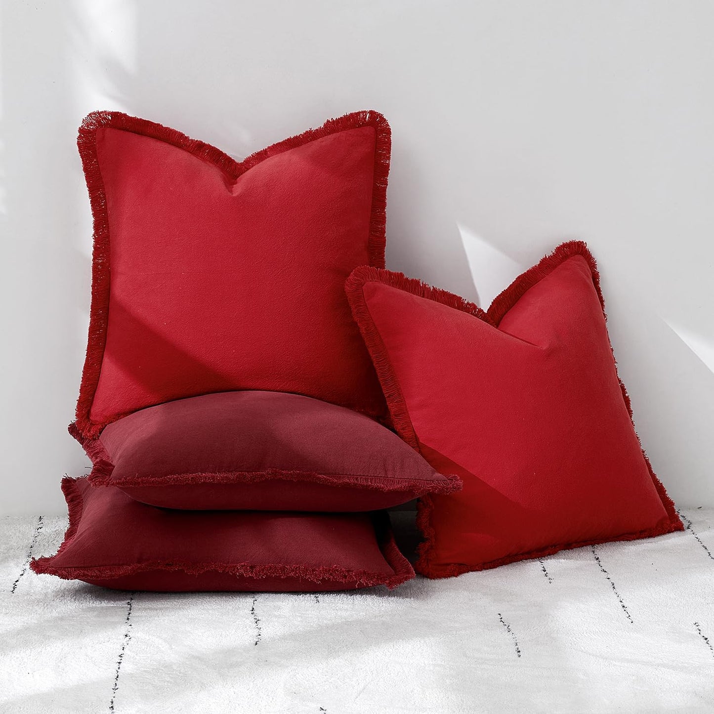 Throw Pillow Covers Boho Farmhouse 24X24 Christmas Set of 2 Decorative Christmas Red Eruo Sham Couch with Fringe Chic Cotton Pillowcases Home Decor Accents for Cushion Soft Bed Living Room