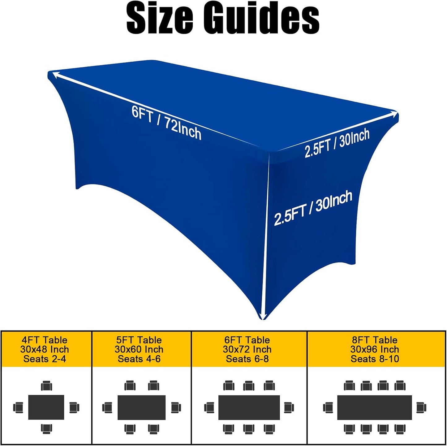 Spandex Tablecloths - 2 Pack 6FT Elastic Fitted Stretch Covers for Rectangle Tables, Washable for Outdoor Events, Weddings, Banquets & Parties (Blue, 72L x 30W x 30H Inches)