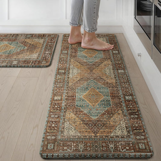 Kitchen Mats for Floor 2Pcs, Washable anti Fatigue Mat for Cushioned, 17.3"X47"+17.3"X30", Waterproof Kitchen Rugs, Non Slip Comfort Standing Mat Rug for Home, Sink, Laundry, Brick