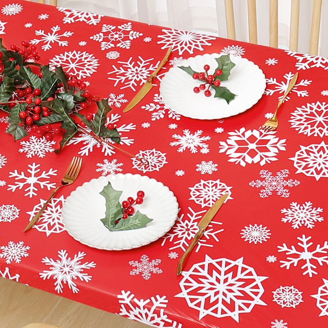 Rectangle Vinyl Tablecloth, Fitted Table Cover, 100% Waterproof, Elastic Edge, Flannel Backing, Plastic Table Cloth Fit 6 Foot Folding Tables for Picnic, Outdoor (Red Snowflake, 30X72 Inch)