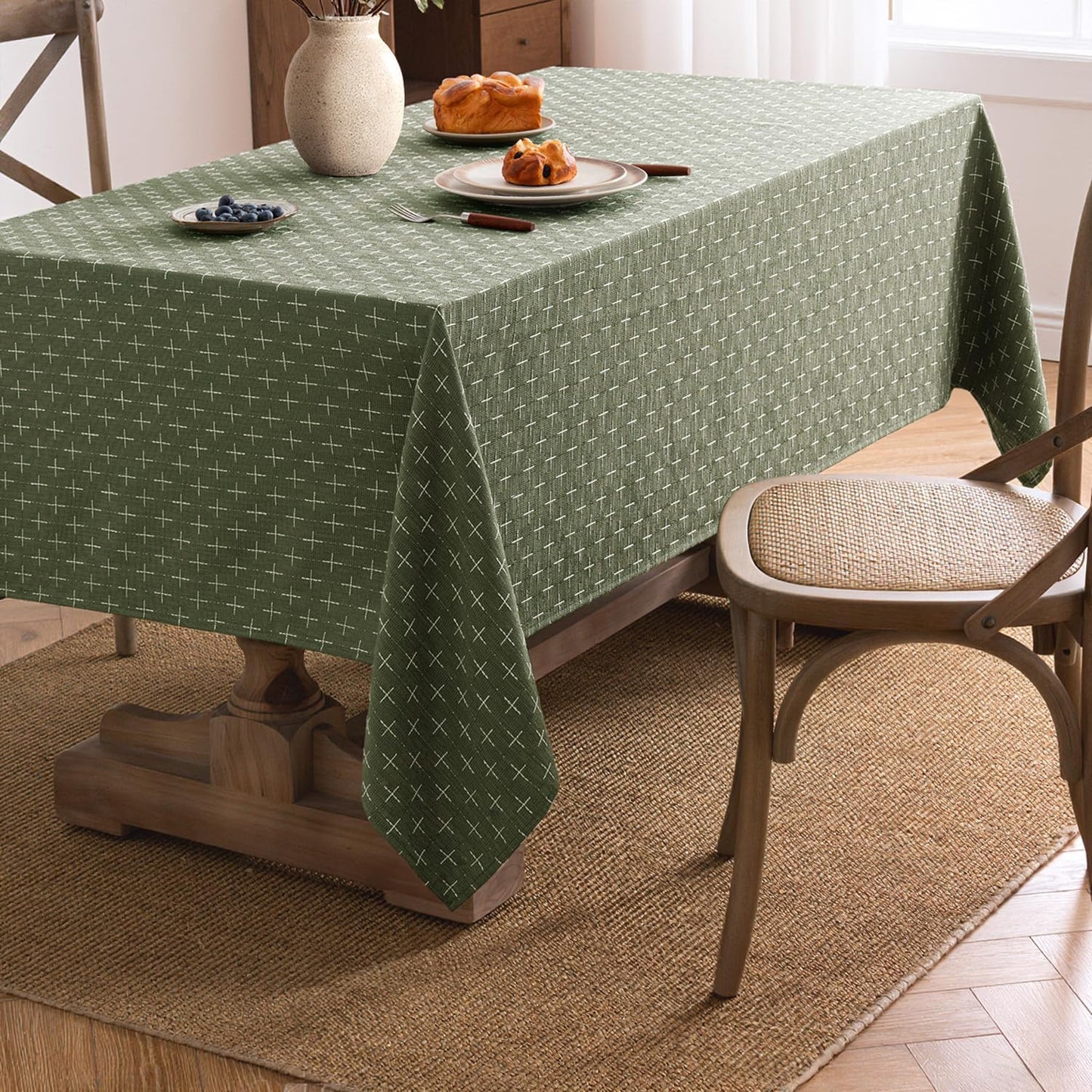 Olive Green Waterproof Linen Rectangle Tablecloth with Cross-Star Texture, Rustic Farmhouse Style for Dining, Parties, Buffets, and Weddings, 60x84 Inches