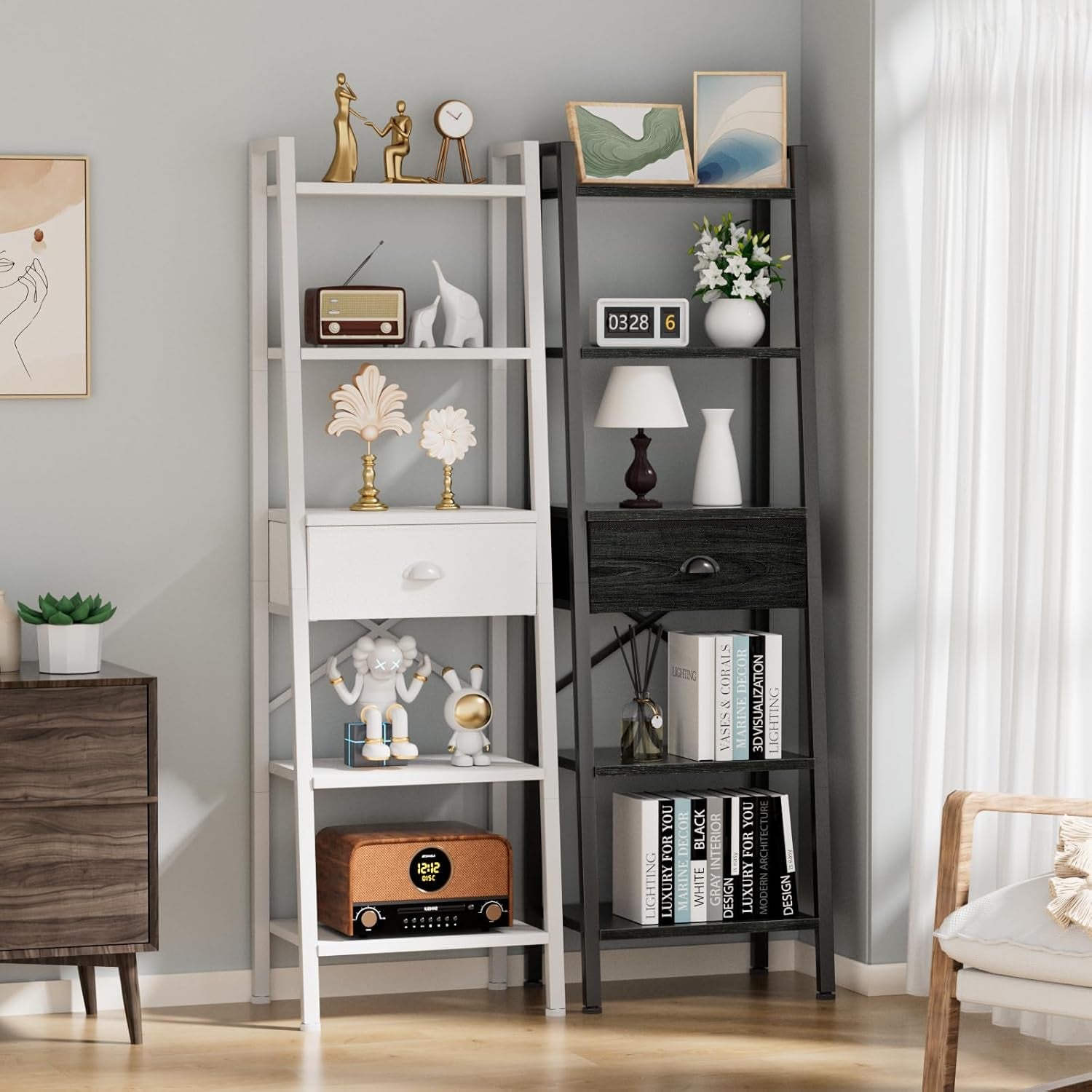 5 Tier Bookshelf, Ladder Shelf with Drawer, Tall and Narrow Bookcase, Storage Shelves Organizer,Industrial Display Standing Units for Bathroom,Kitchen,Bedroom,Living Room,White