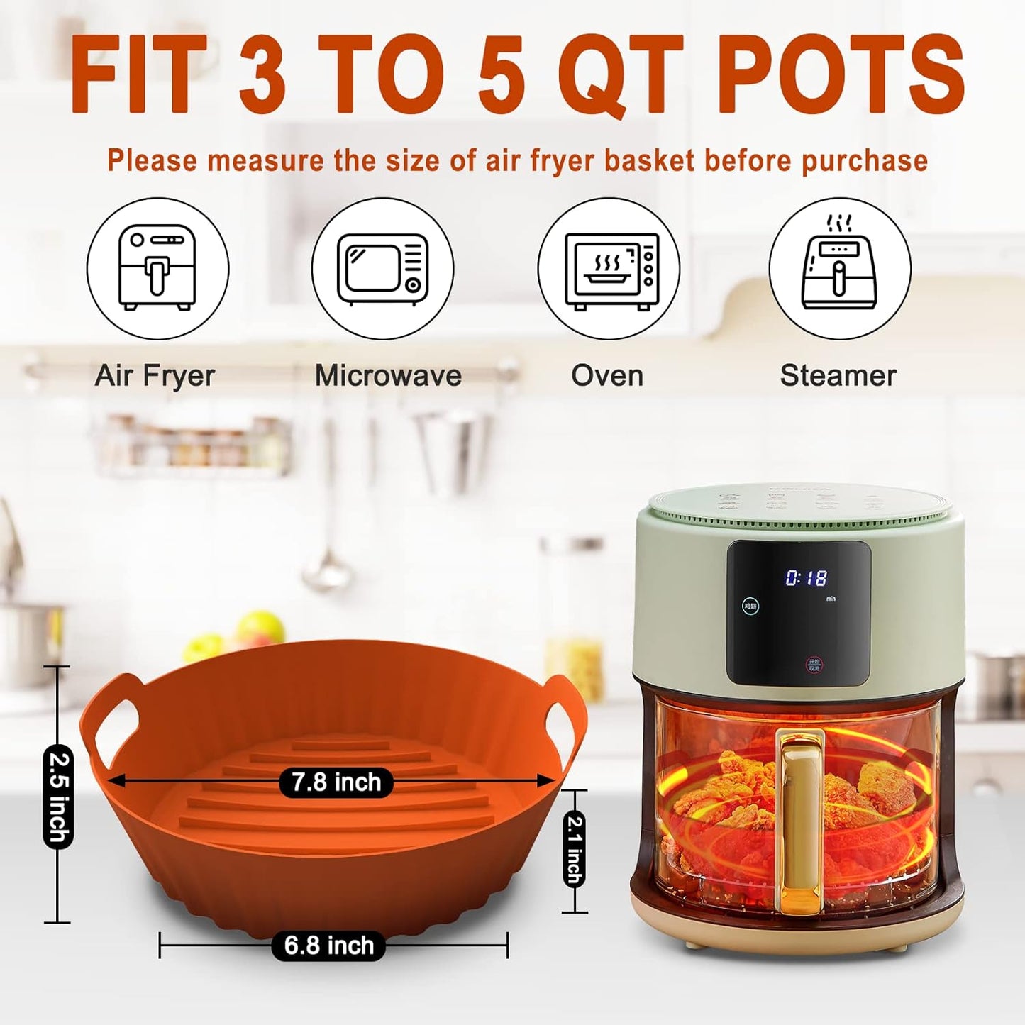 Silicone Air Fryer Liners Reusable Airfryer Liners 2 Pack 3-5 QT Silicone Pot 7.7 Inch, Air Fryer Basket round Silicone Mat Oven Baking Tray Replace Parchment Paper for Air Fryer Accessories