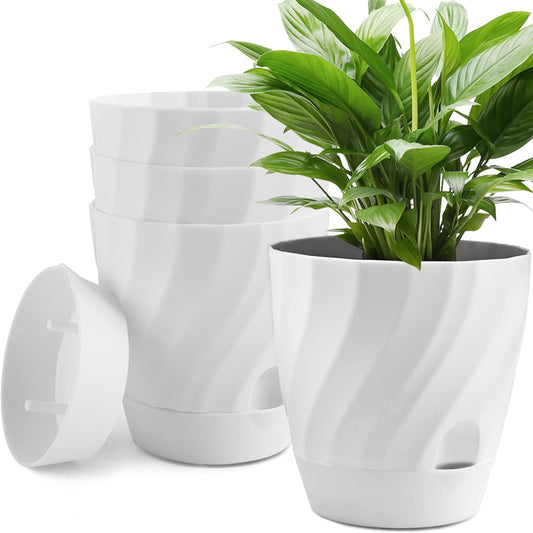 Plant Pots with Drainage, Self Watering Pots for Indoor Plants, Home Decor Flower Planters, 4 Pack 6 Inch Plastic Planters Succulent Pots, White
