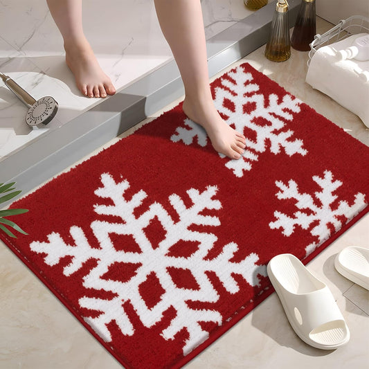 Snowflake Christmas Bathroom Rugs 16"X24" Soft & Absorbent Micorfiber Bath Mats Fluffy Plush Non Slip Carpet Washable for Bathroom Floor(Christmas Red, 1'4" X 2')