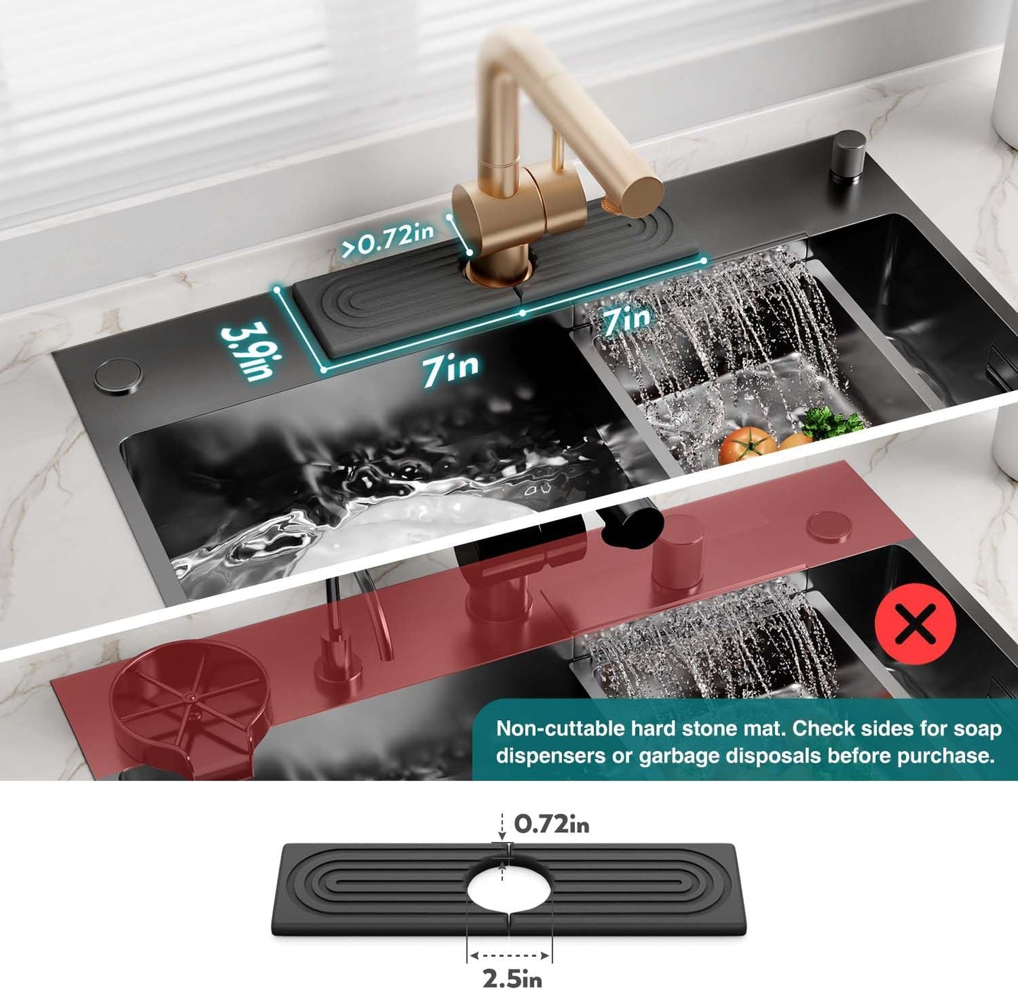 Diatomite Kitchen Faucet Mat - 14Inch Water Absorbing Stone Tray for Sink, Stone Fast-Drying Faucet Mat for Kitchen Counter Sink Accessories (Dark Grey, 14'' X 3.9'')