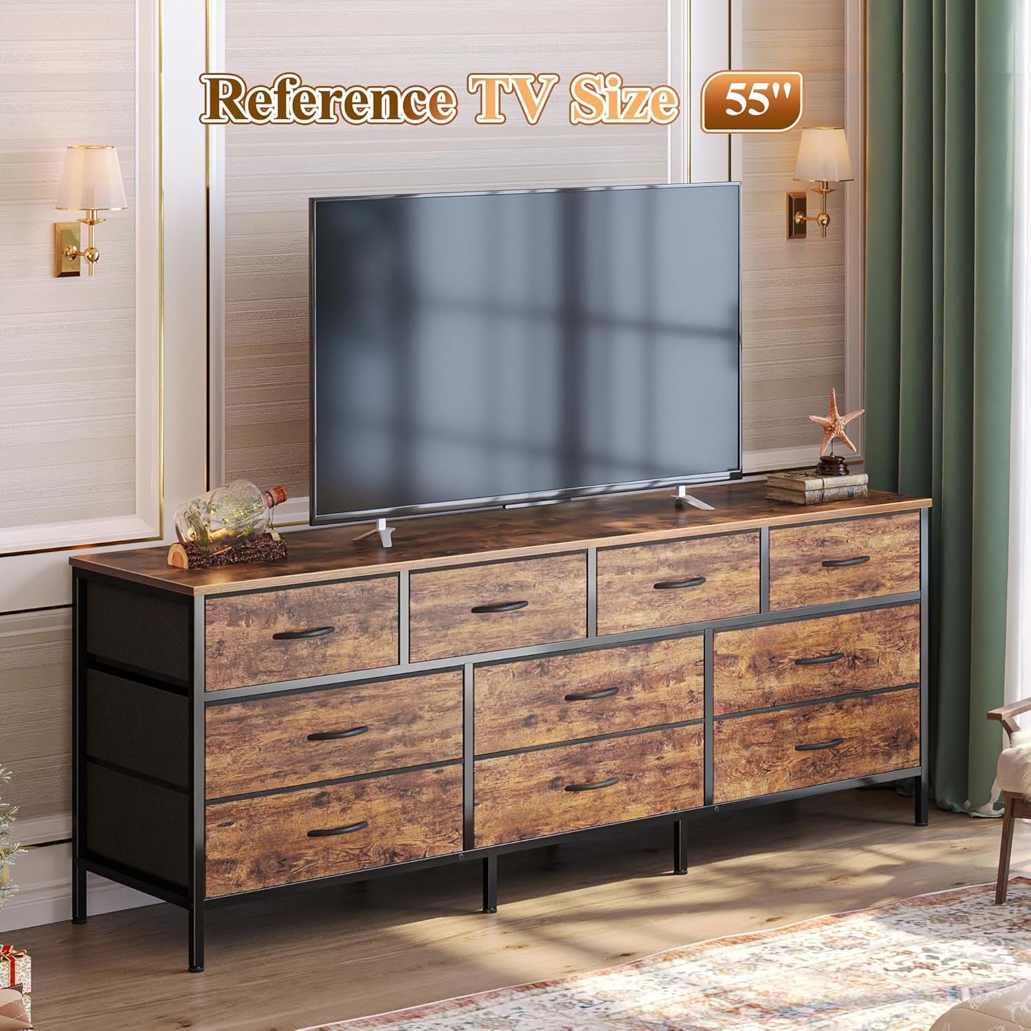 63-Inch Rustic Brown Dresser with 10 Fabric Drawers, Versatile TV Stand for 55 to 70 Inch TVs, Ideal Toy Storage Organizer for Bedrooms and Closets