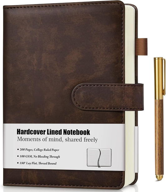 Lined Journal Notebook for Men, Leather Hardcover Notebook with Pen, A5 Journaling Notebooks for Work, 200 Pages 100 GSM Thick College Ruled Diary for Writing, Business, Office 5.75" X 8.38" Brown