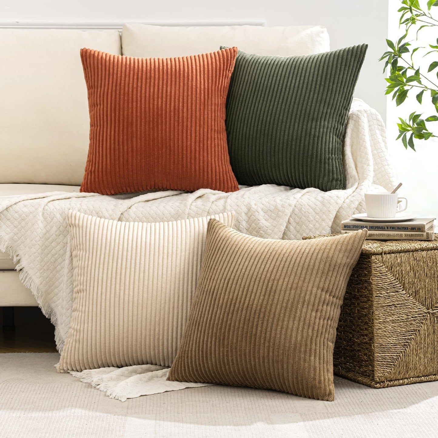 Boho Farmhouse Throw Pillow Covers 18X18 Inch Set of 4 Rustic Modern Neutral Cushion Covers Soft Corduroy Nordic Home Decor for Couch Bed Sofa Living Room Rust-Olive Green