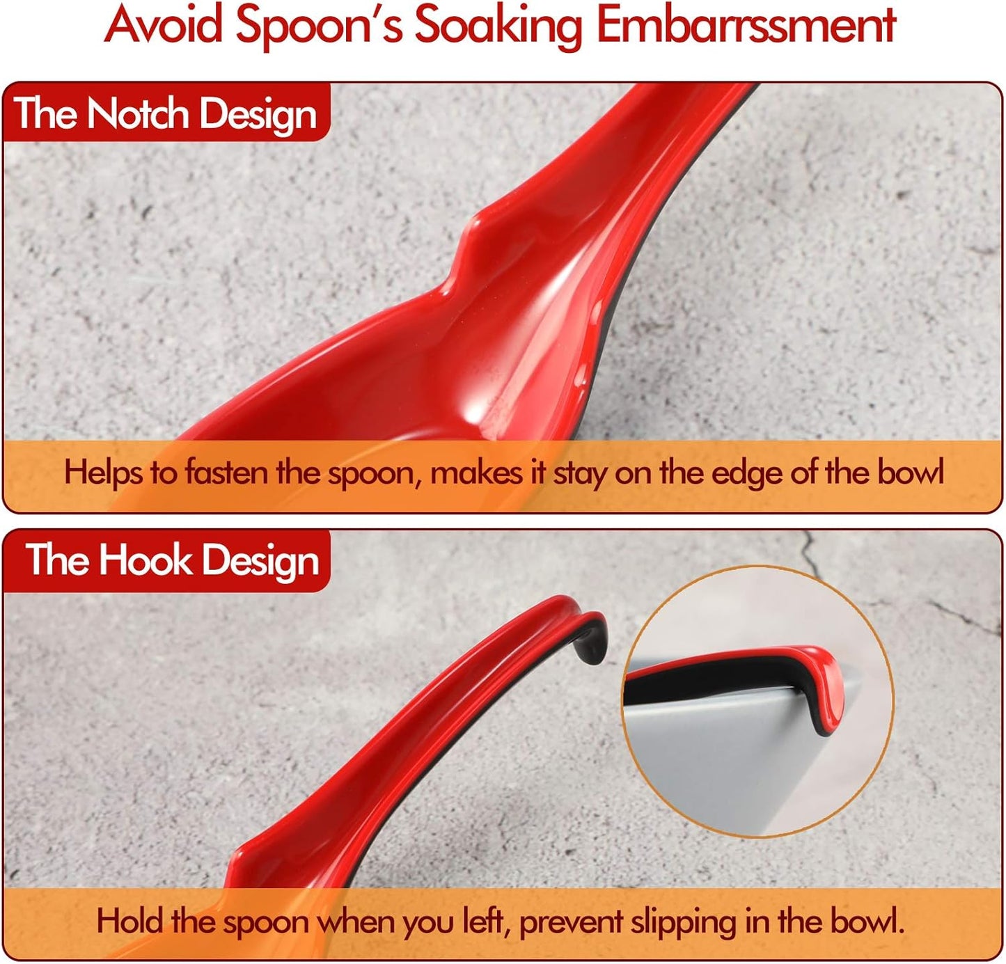 12 PACK Asian Soup Spoons, Rice Spoons, Melamine Chinese Won Ton Soup Spoon for Soba, Pho, Ramen, Noodle, Korean Style Large Spoon with Long Handle- Notch and Hook Style, Red & Black