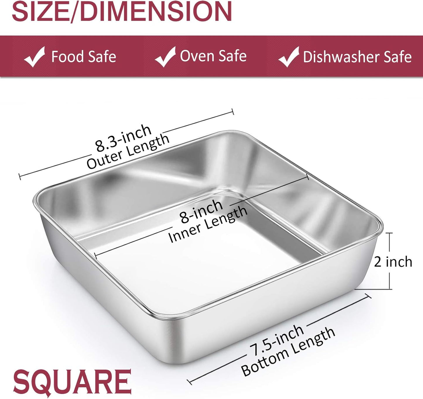 8 Inch Square Baking Pan Set of 4, Square Cake Pans, Stainless Steel Deep Bakeware for Lasagna Bread Brownie, 8”×8”×2”, Leakproof & Heavy Duty, Easy Release & Dishwasher Safe