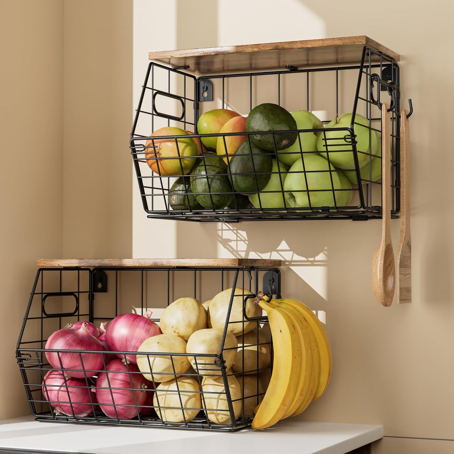 Stackable Metal Fruit Basket with Wood Lid 2-Pack,Hanging Wall Organizer for Kitchen Counter,Pantry Storage for Onions,Potatoes,Fruits,Spices,Black