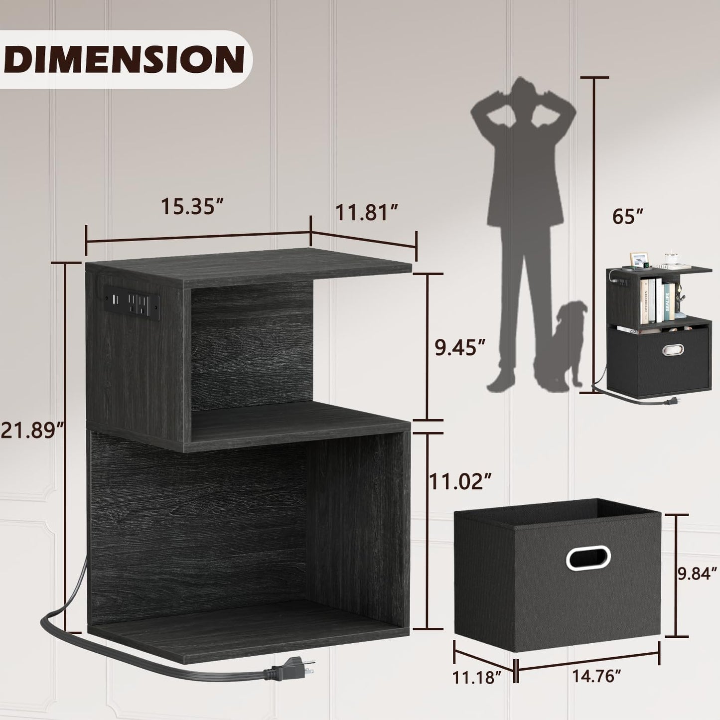 S Nightstand with Charging Station, 3 Tier Open End Table with Drawer, Wood Bedside Table with Storage for Living Room/Bedroom/Small Space, Black Oak