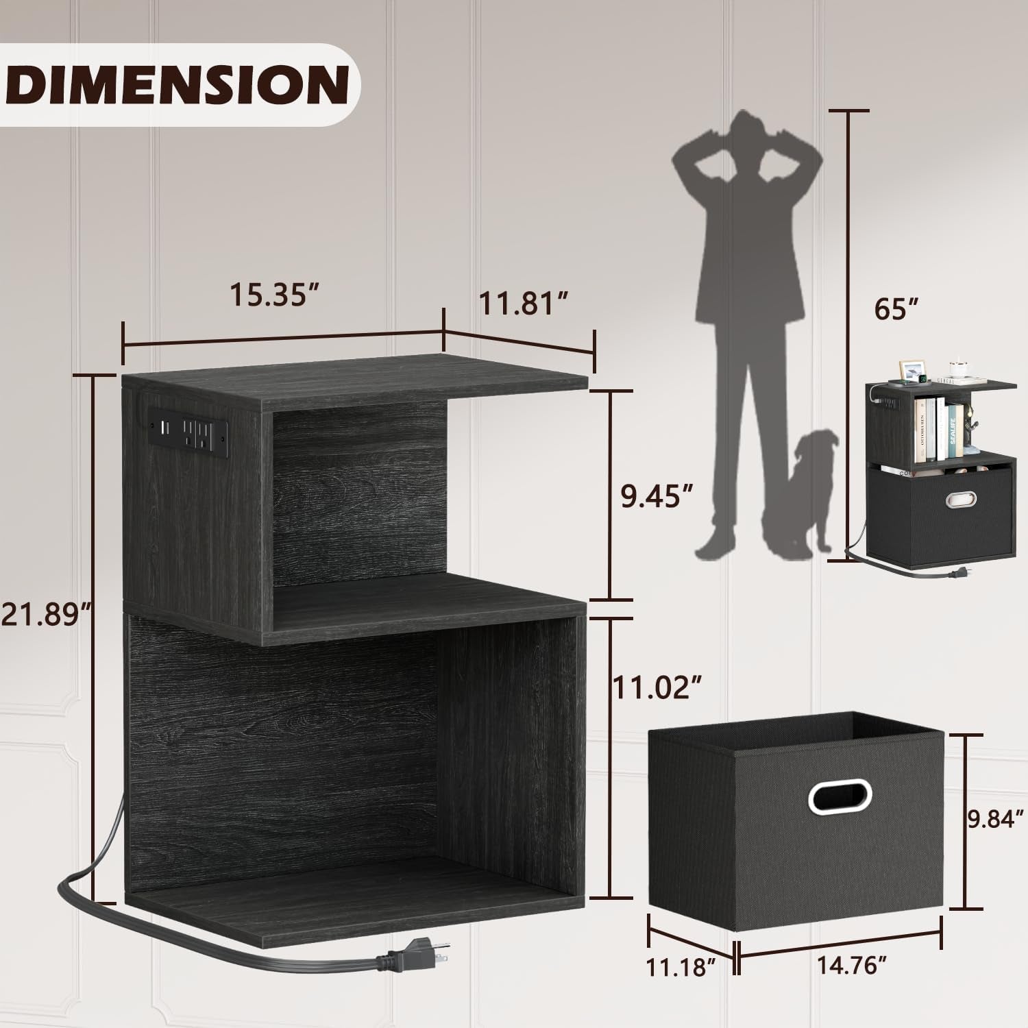 S Nightstand with Charging Station, 3 Tier Open End Table with Drawer, Wood Bedside Table with Storage for Living Room/Bedroom/Small Space, Black Oak