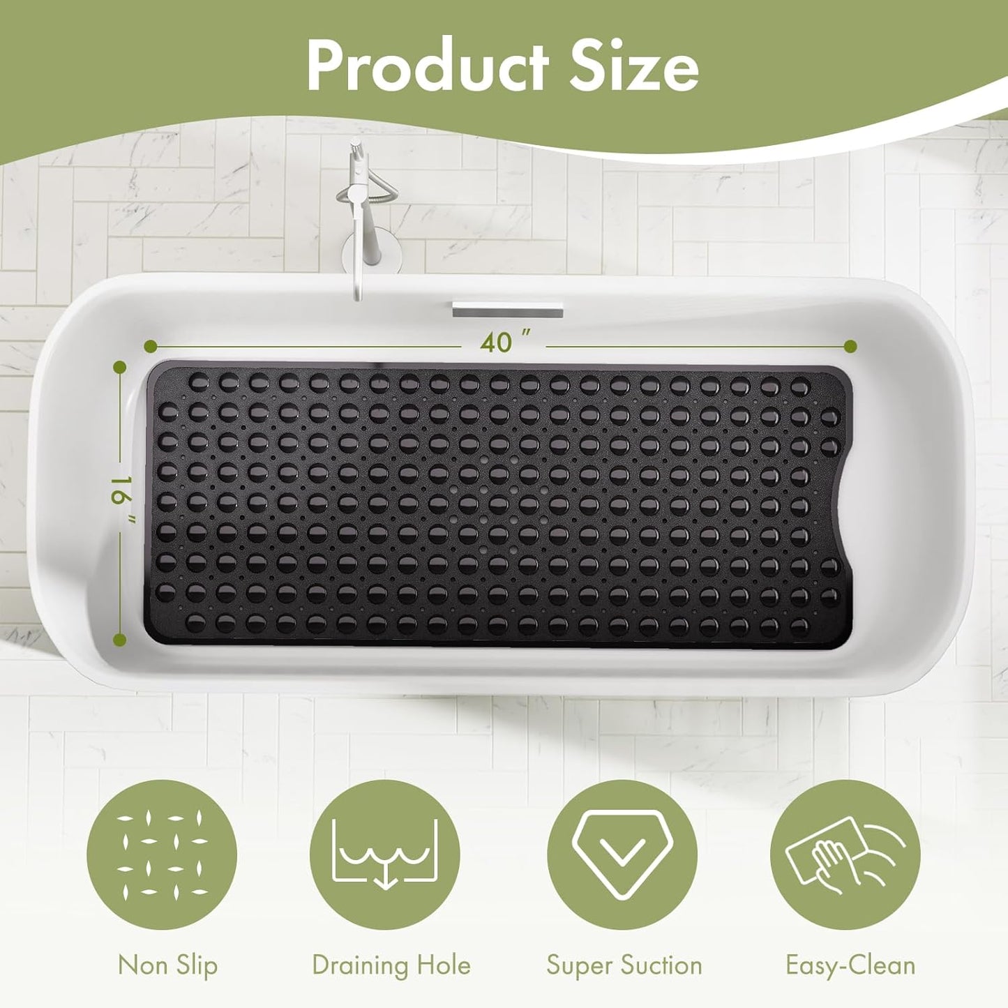 Shower Mat Non Slip 40 X 16 Inches, Shower Stall Mats with Suction Cups and Drain Holes, Non Slip Bath Mat for Tub for Elderly & Kids, Clear Black