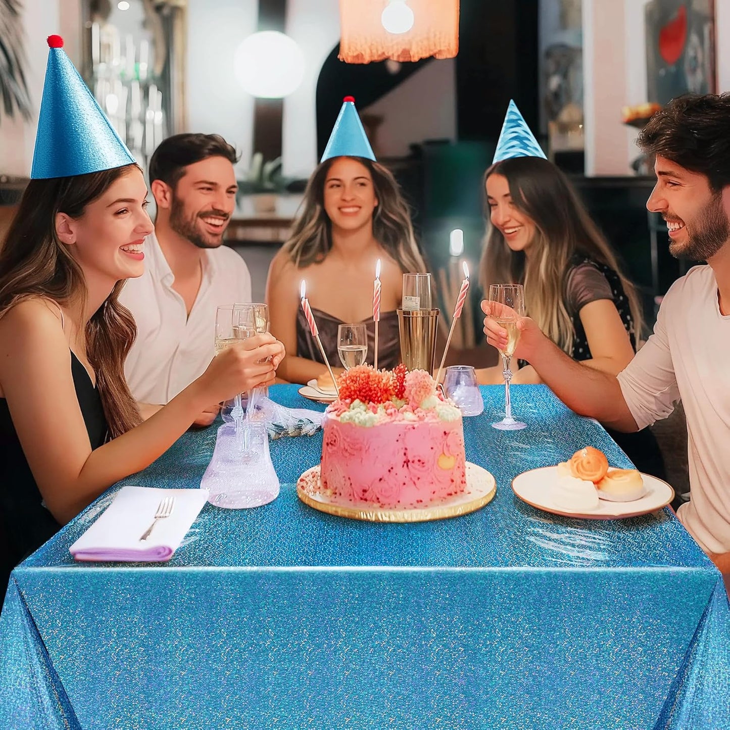 Set of 2 Blue Holographic Foil Tablecloths, 54x108 Durable Table Covers for Elegant Events, Ideal for Parties, Weddings, and Showers