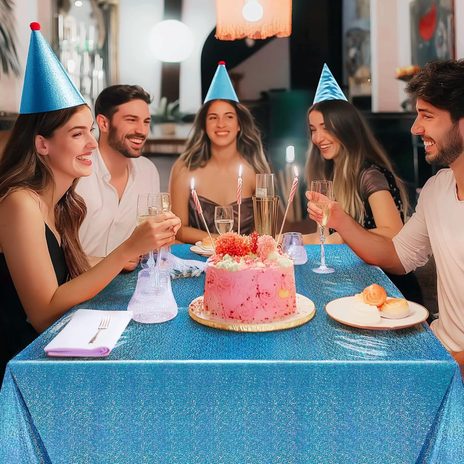 Set of 2 Blue Holographic Foil Tablecloths, 54x108 Durable Table Covers for Elegant Events, Ideal for Parties, Weddings, and Showers