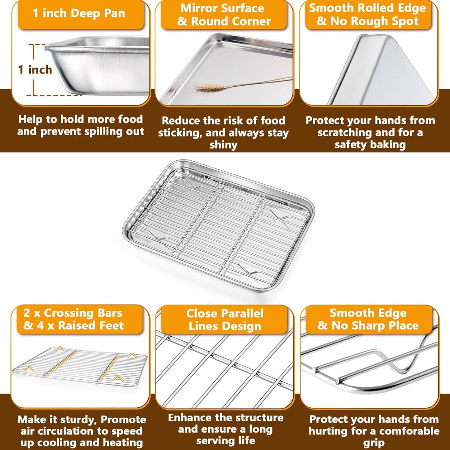 10.4 + 9 Inch Toaster Oven Pans with Racks, 4 Pieces Stainless Steel Oven Tray Baking Pan Sheet and Cooling Rack for Oven Cooking Roasting, Non Toxic & Dishwasher Safe