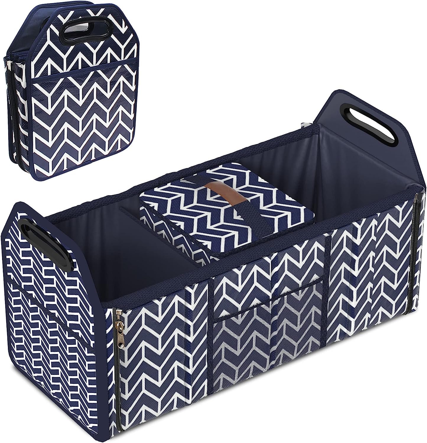 Foldable Car Trunk Organizer and Insulation Cooler Bag with Collapsible Design and Three Compartments for SUV Storage, Navy Blue
