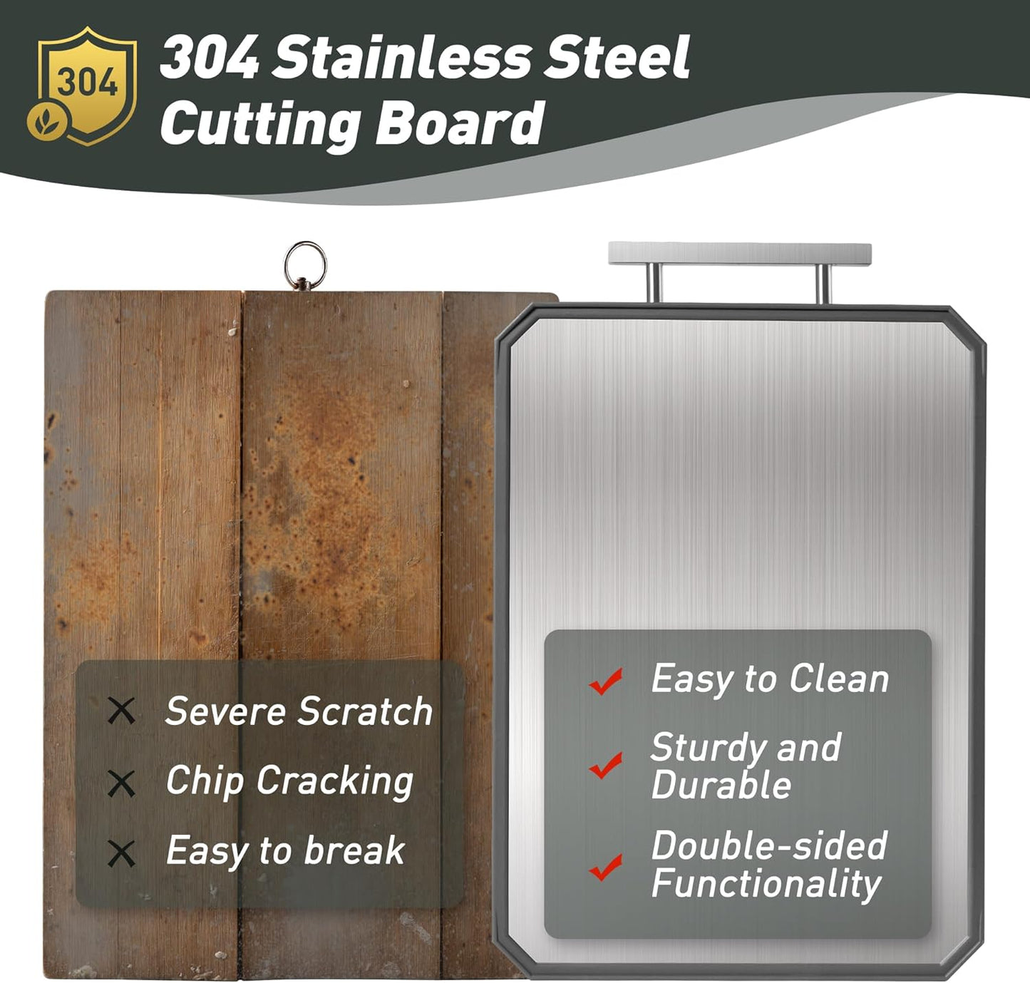 2 in 1 Stainless Steel Cutting Board with Handle Chopping Large Big Small Metal Carving Kitchen Meat Butcher Block Not Titanium Wood Bamboo Glass Marble Stone Rubber Plastic Silicone Acrylic Teak Sink