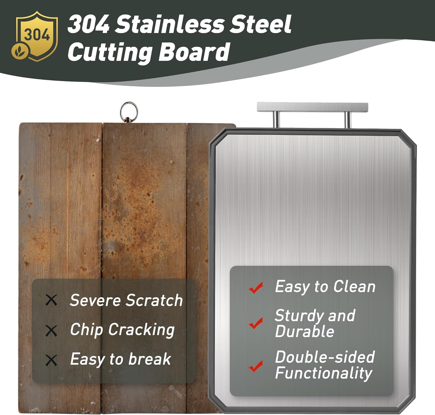 2 in 1 Stainless Steel Cutting Board with Handle Chopping Large Big Small Metal Carving Kitchen Meat Butcher Block Not Titanium Wood Bamboo Glass Marble Stone Rubber Plastic Silicone Acrylic Teak Sink