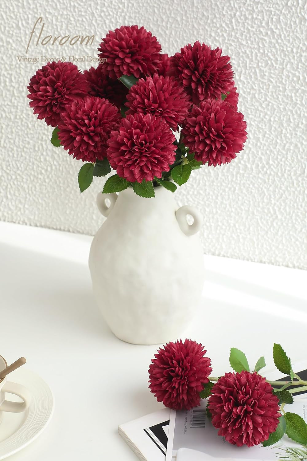 12-Piece Burgundy Faux Silk Chrysanthemums - Artificial Flowers with Stems for DIY Wedding Bouquets, Table Centerpieces, Floral Arrangements, and Home Decor