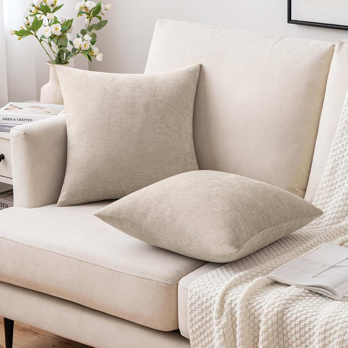 Set of 2 Beige Chenille Decorative Pillow Covers, 18x18 Inches, Soft Farmhouse Cushions for Sofa and Bedroom Decor