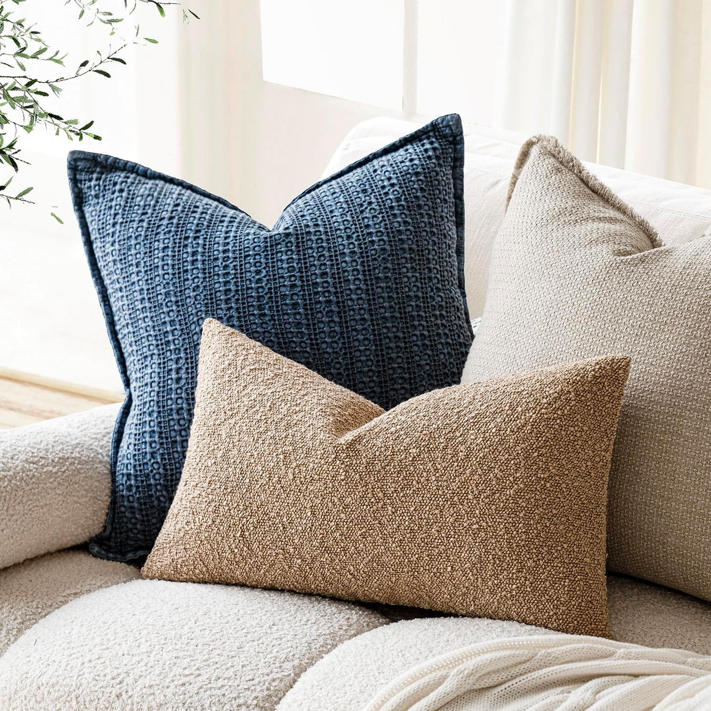 Textured Boucle Throw Pillow Covers Accent Solid Lumbar Pillow Cases Cozy Soft Decorative Couch Cushion Case for Chair Sofa Bedroom Living Room Home Decor, 12 X 20 Inch,Taupe Khaki Camel