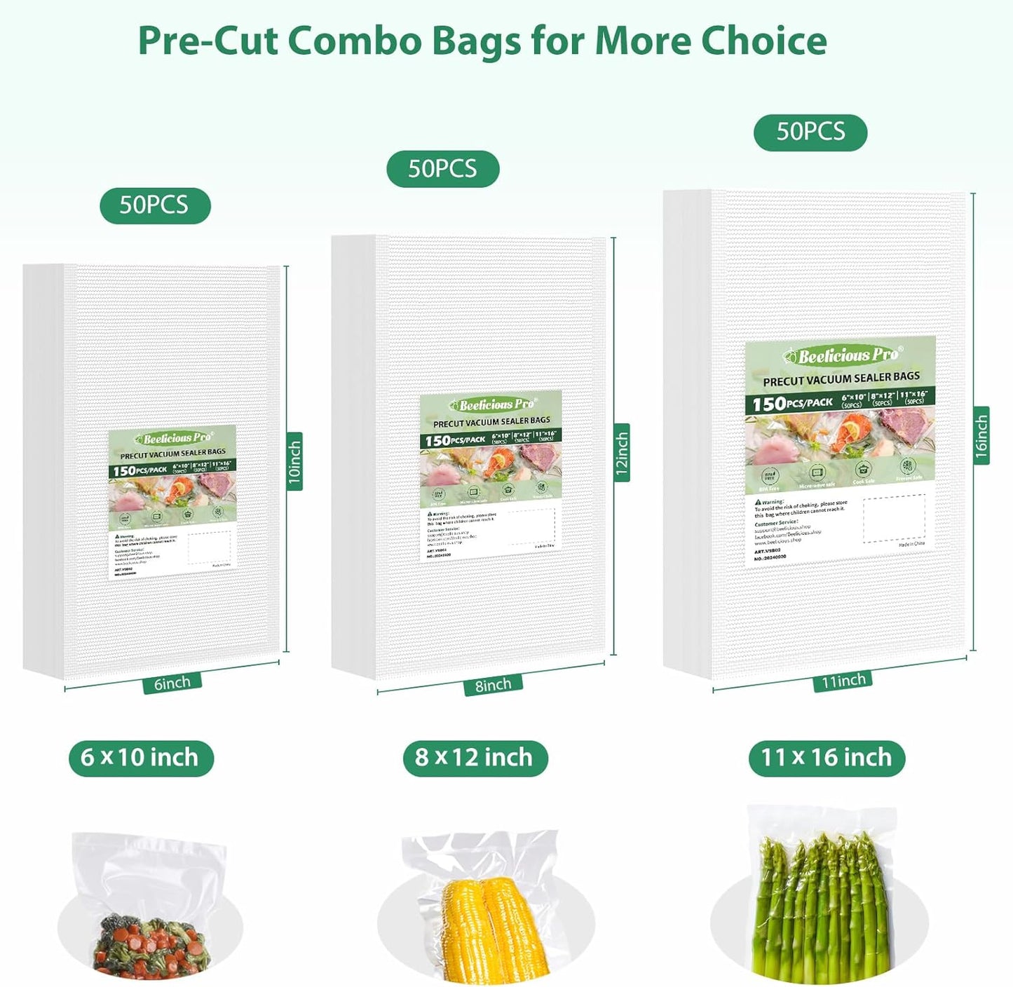 Vacuum Sealer Bags for Food Storage 150 Gallon 11" X 16" and Quart 8" X 12" and Pint 6" X 10", with Bpa-Free, Commercial Precut Vacuum Seal Bags for Sous Vide & Seal a Meal