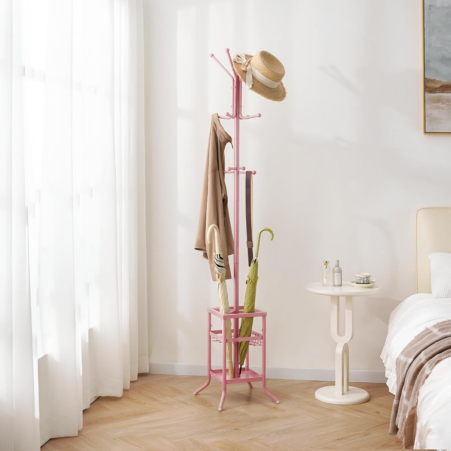 Coat Rack Freestanding, Coat Tree with Umbrella Holder, Metal Coat Rack Stand with 12 Hooks, Modern Coat Hanger Stand for Entryway, Purse Rack Hat Rack Stand for Living Room Bedroom Office