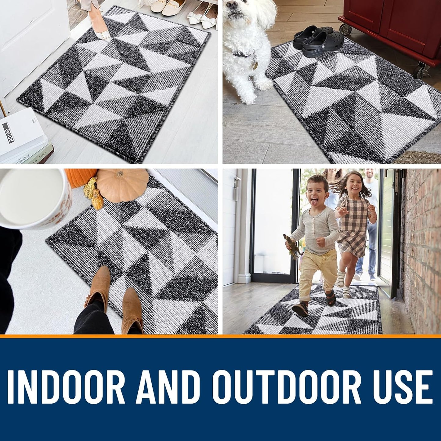 Door Mat Indoor Entrance Washable 32X20, Odor-Free Low-Profile Front Back Geometric Doormat, Absorbent Resist Dirt Entry Carpet, Easy to Clean Sturdy inside Floor Mats for Entryway, Black