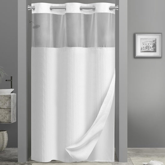 No Hook Shower Curtain with Snap in Fabric Liner Set Less Time White Waffle Shower Curtain for Bathroom 75" L X 48" W