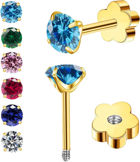 3Mm G23 Flower Flat Back Earrings Hypoallergenic Screw Back Stud Earrings Cubic Zirconia Earrings Helix Cartilage Earrings for Women